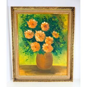 Still Life oil Painting of Orange Flowers with green foliage with ornate frame